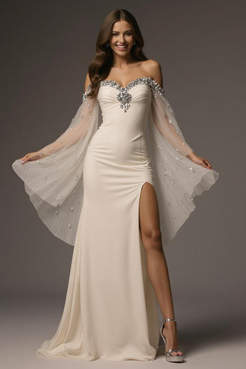 Ivory Beaded Long Sleeve Mermaid Formal Dress With Slit